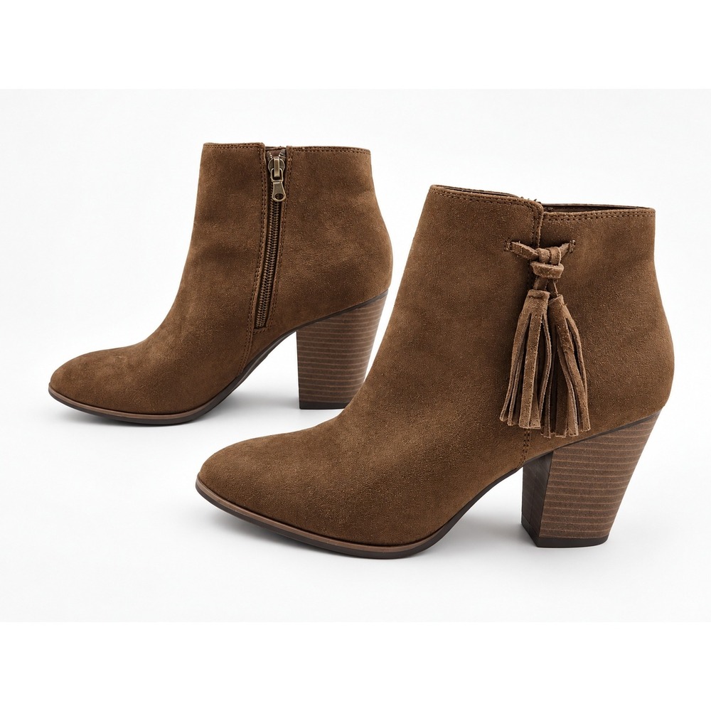American Eagle Brown Suede Tassel Ankle Boots Block Heel Women's .5
